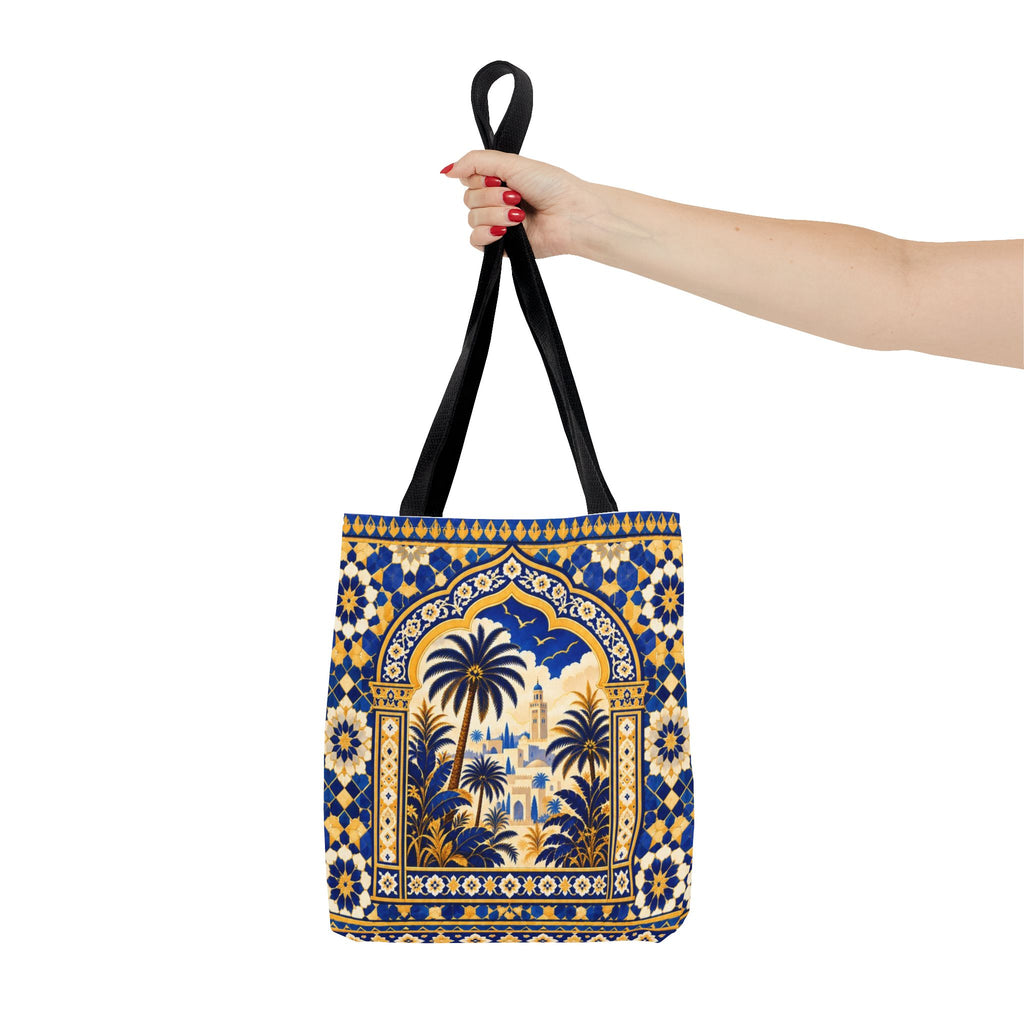 Moroccan Mosaic Tote Bag — Blue Palm Arch Pattern AOP