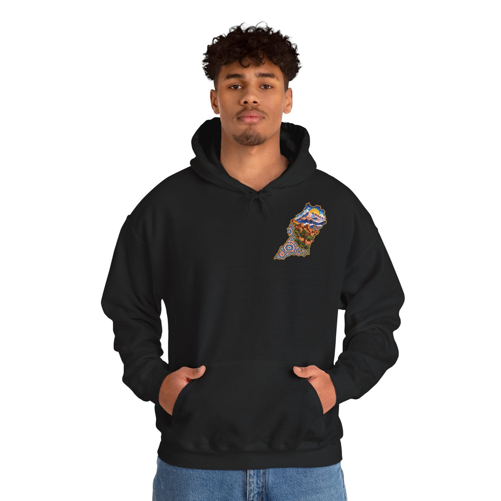 Moroccan Oasis Hoodie — Desert Sunset Tapestry Backprint