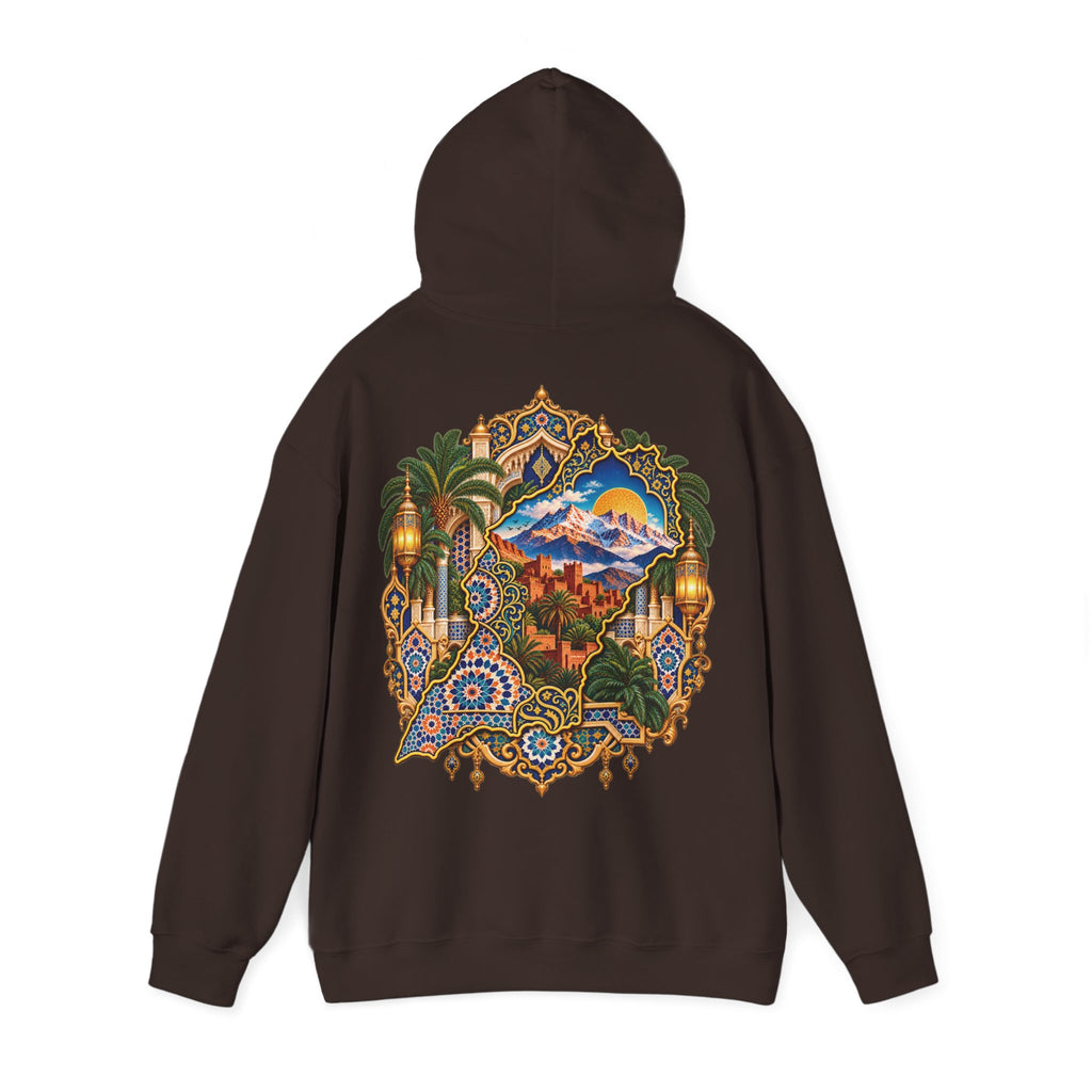 Moroccan Oasis Hoodie — Desert Sunset Tapestry Backprint