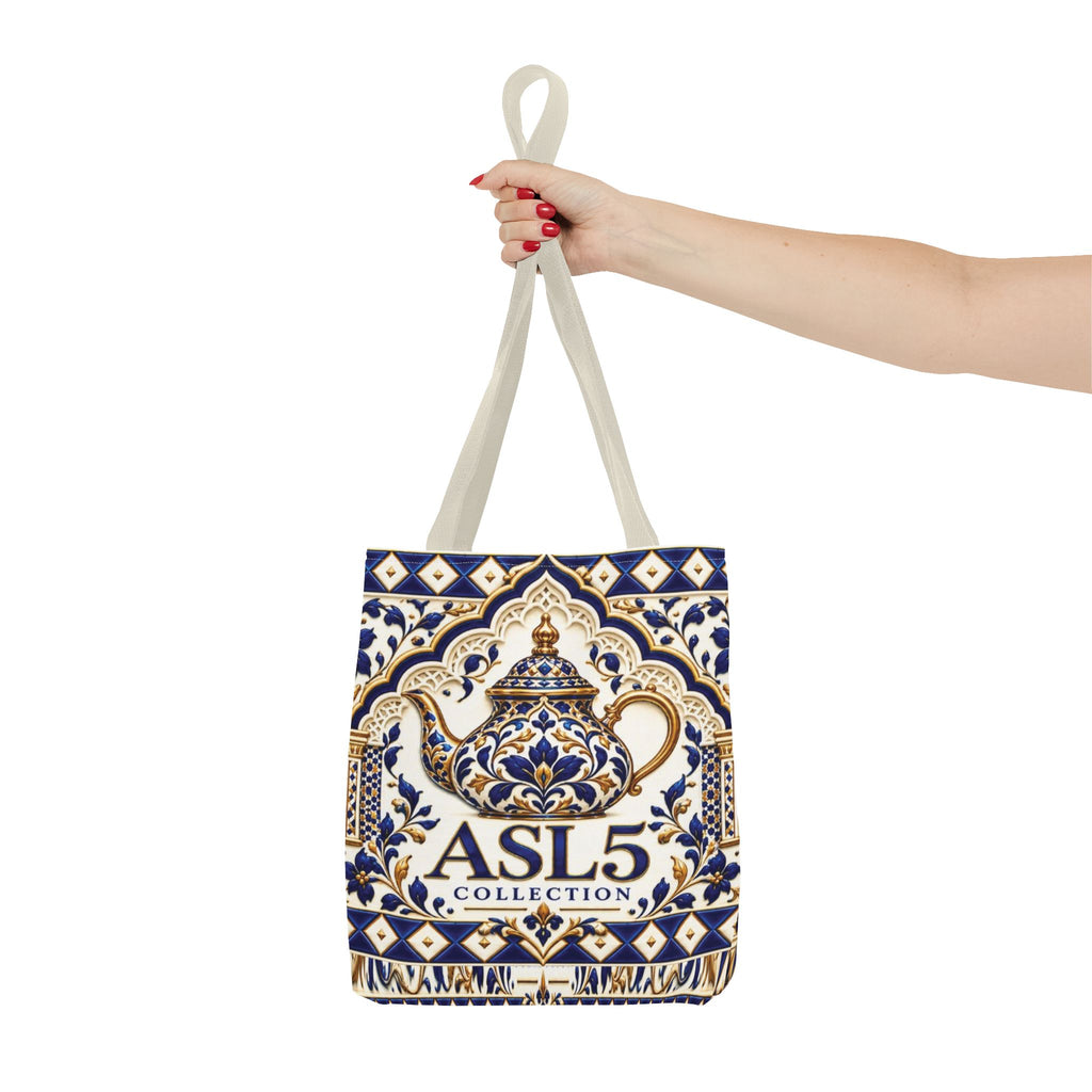 Moroccan Blue Teapot Pattern Tote Bag — Ceramic Tile Inspired Aesthetic Tote