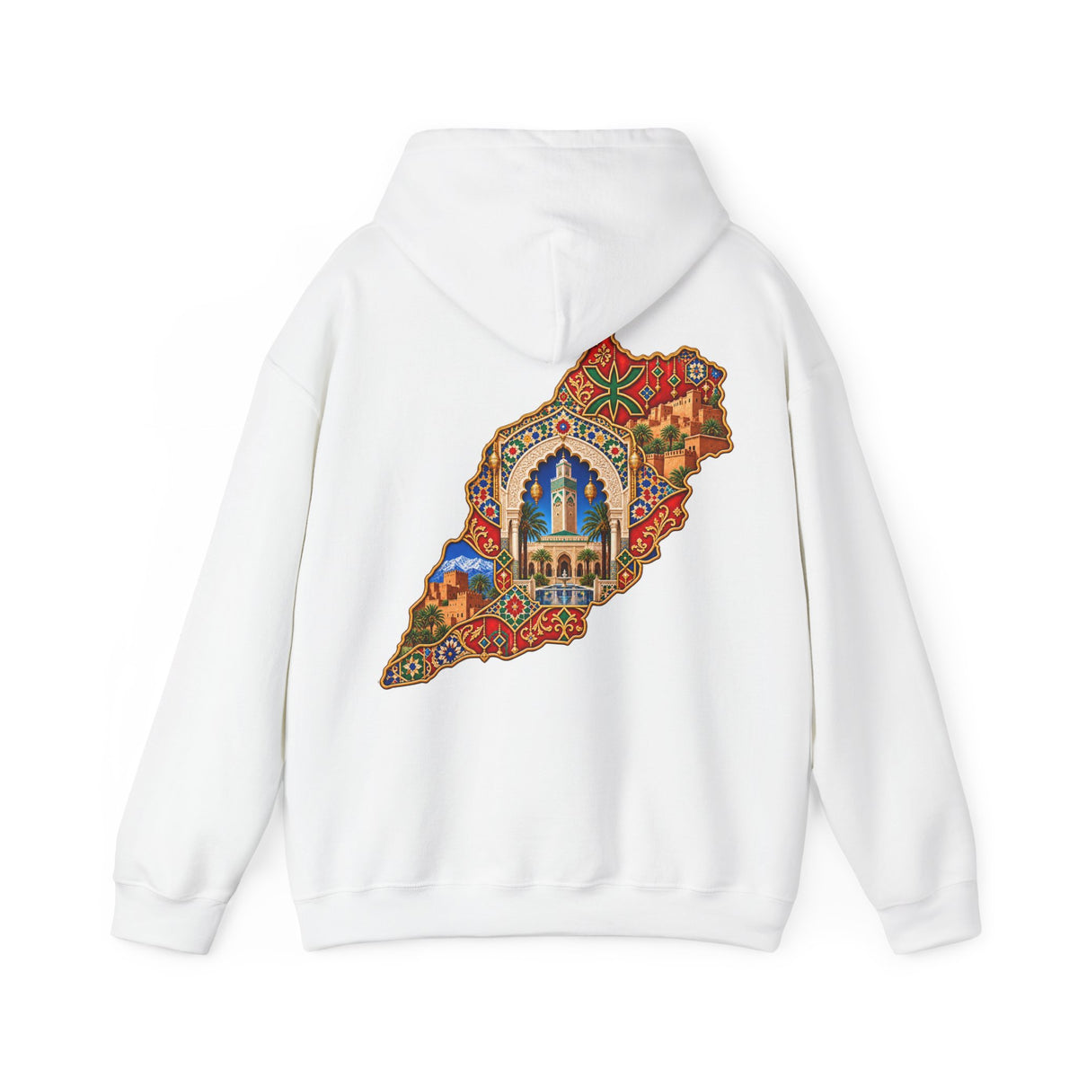 Morocco Map Art Hoodie — Colorful Moroccan Tile & Cityscape Back Print