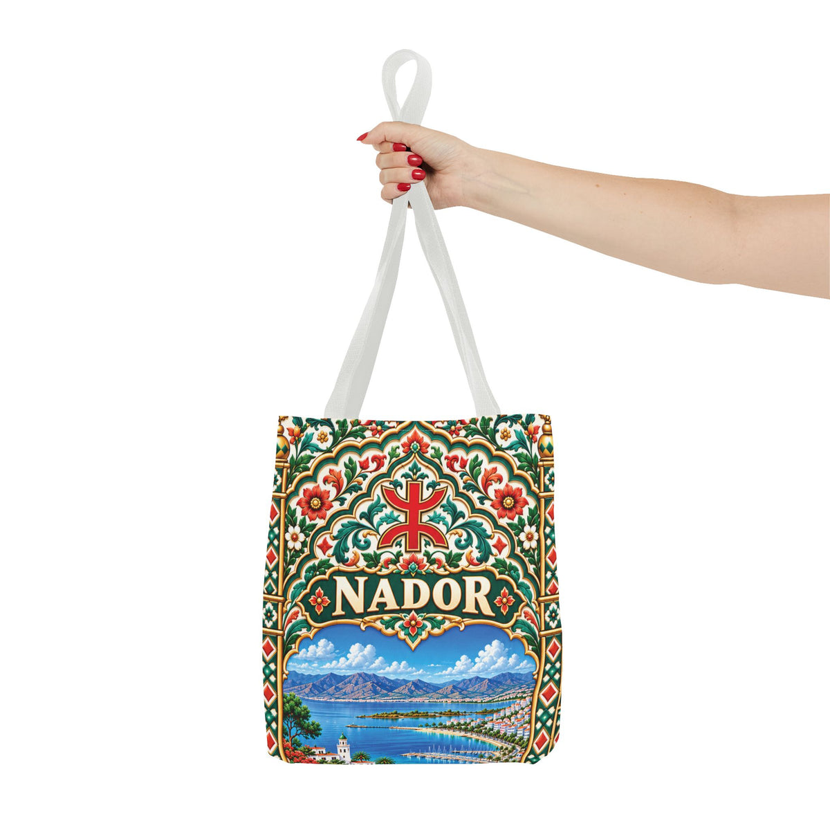 Nador Moroccan Tile Print Tote Bag — Vibrant Mediterranean Beachscape Design