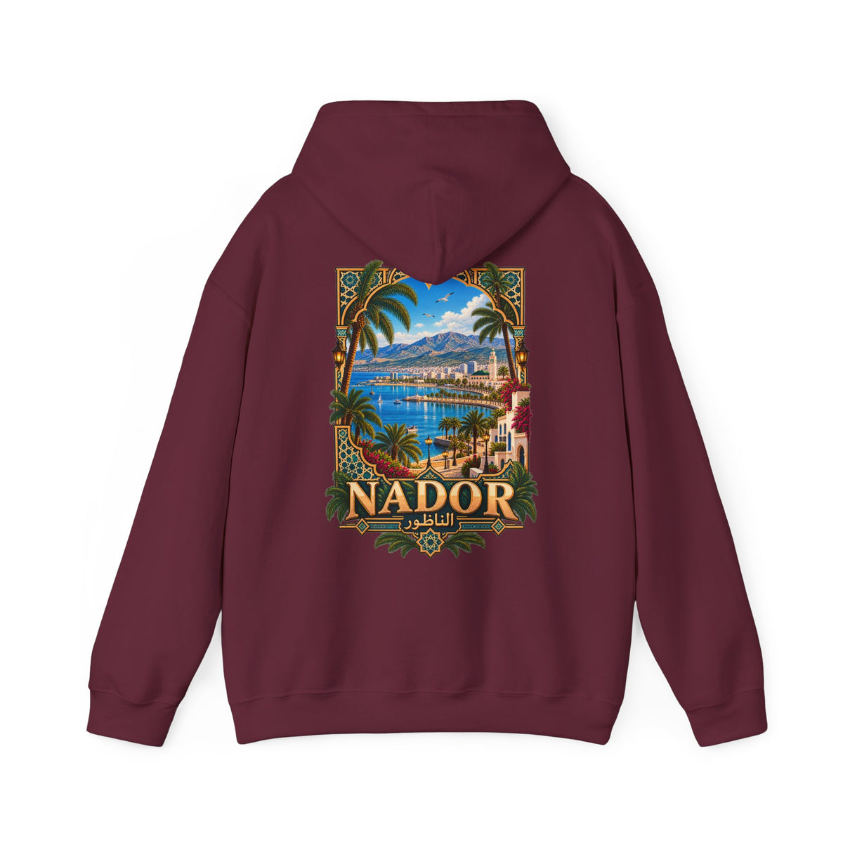 Nador Vintage Travel Hoodie — Scenic Moroccan Beach Poster Sweatshirt