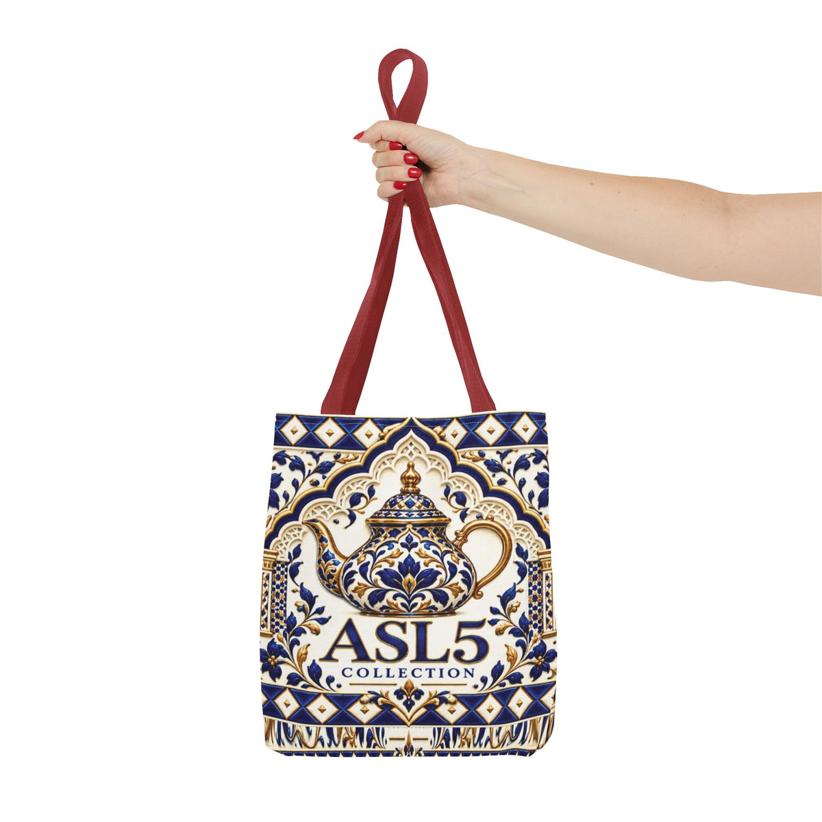Moroccan Blue Teapot Pattern Tote Bag — Ceramic Tile Inspired Aesthetic Tote