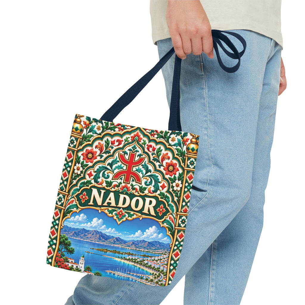 Nador Moroccan Tile Print Tote Bag — Vibrant Mediterranean Beachscape Design