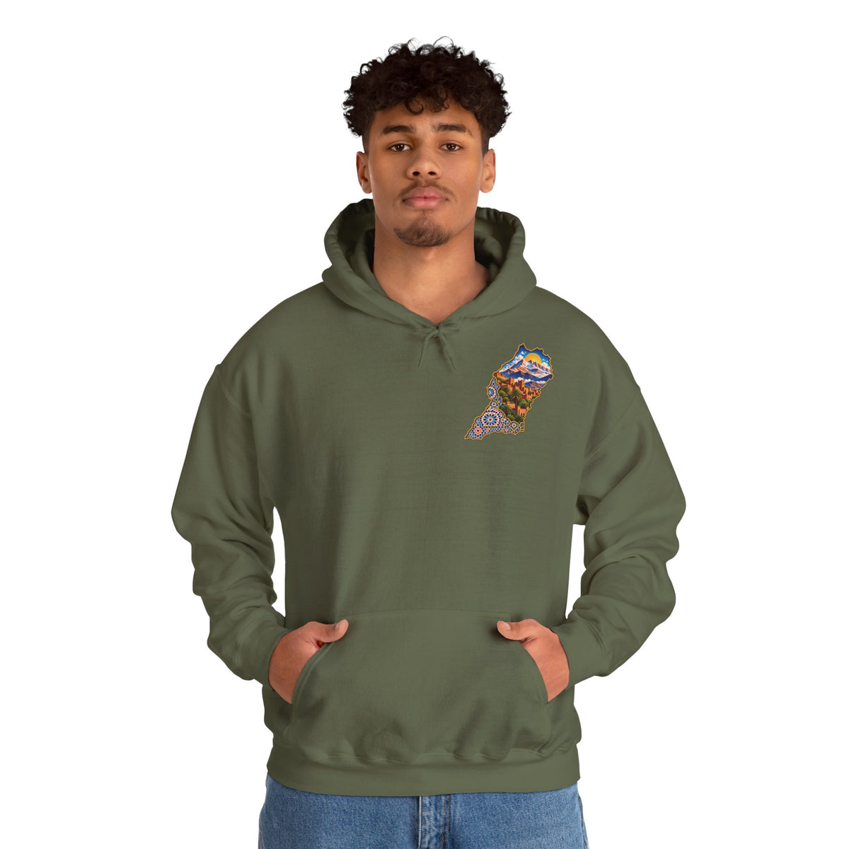 Moroccan Oasis Hoodie — Desert Sunset Tapestry Backprint