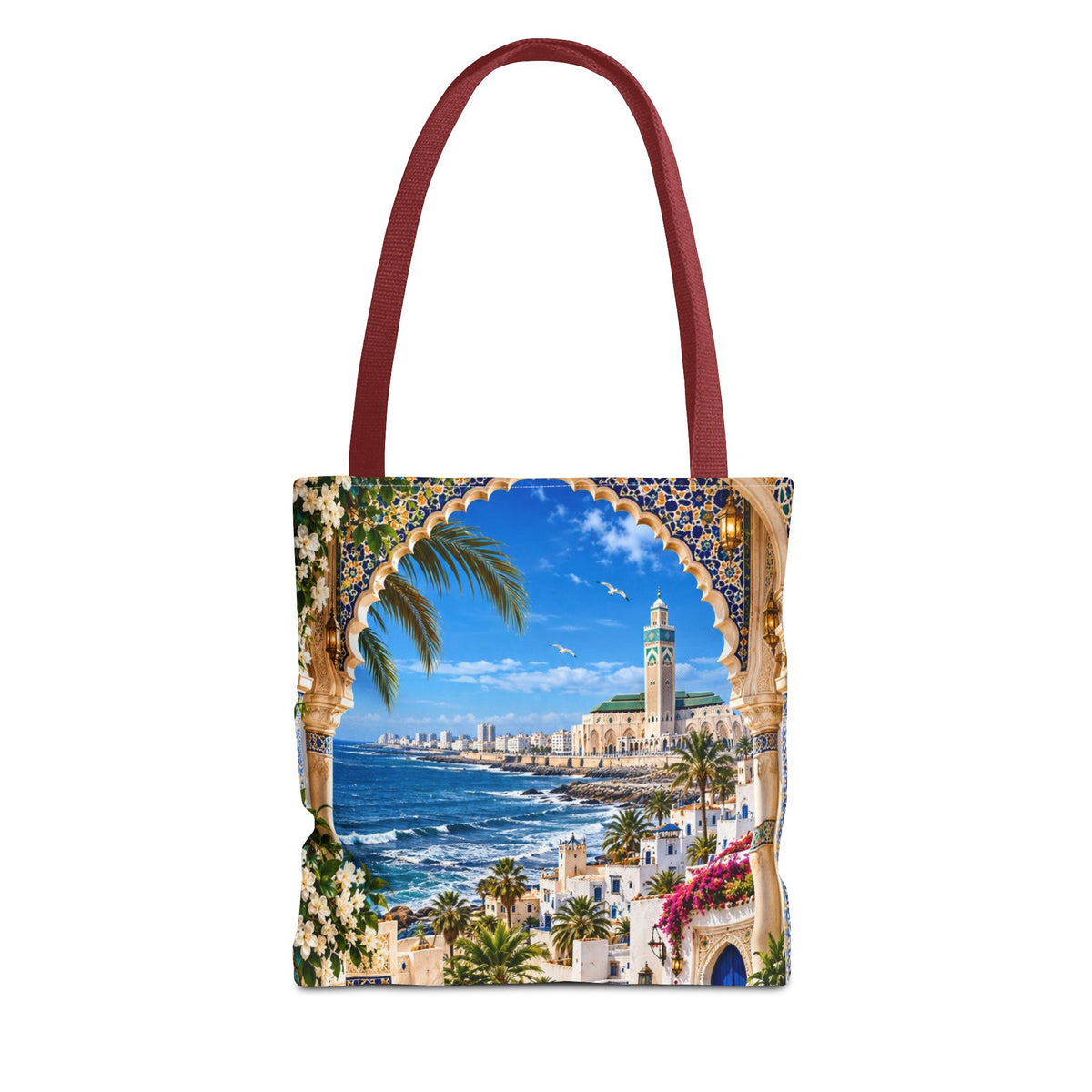 Mediterranean Mosaic Tote Bag — Seaside Moroccan Arch Scenic All-Over Print