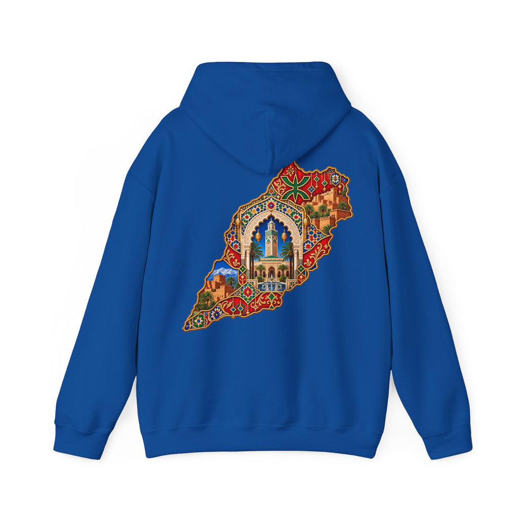 Morocco Map Art Hoodie — Colorful Moroccan Tile & Cityscape Back Print