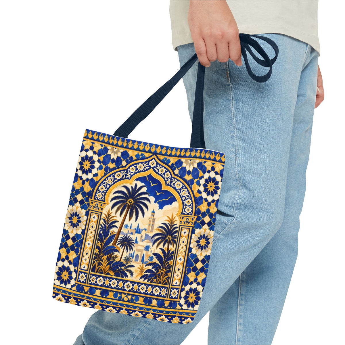 Moroccan Mosaic Tote Bag — Blue Palm Arch Pattern AOP