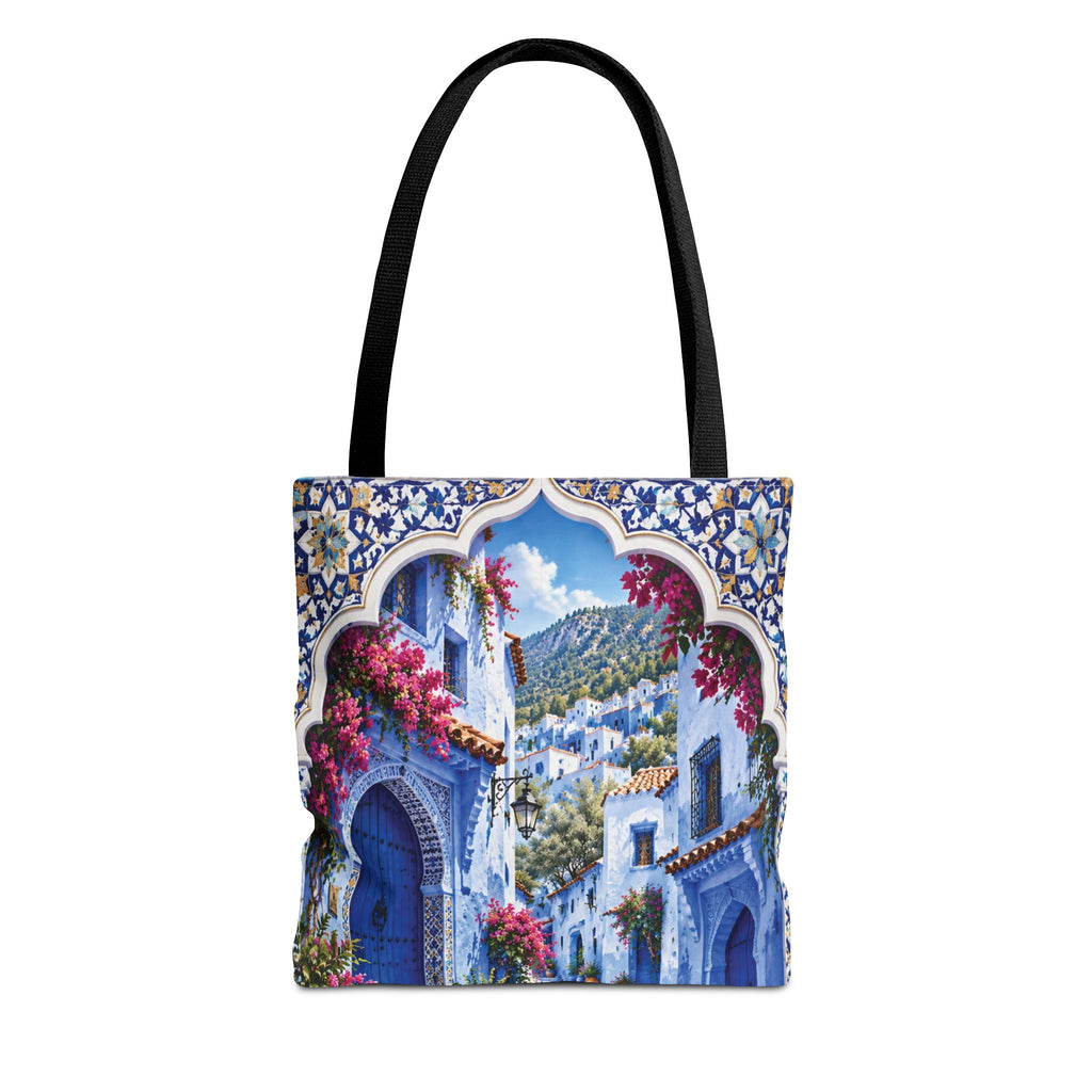 Mediterranean Blue Mosaic Tote Bag — Scenic Coastal Village Print