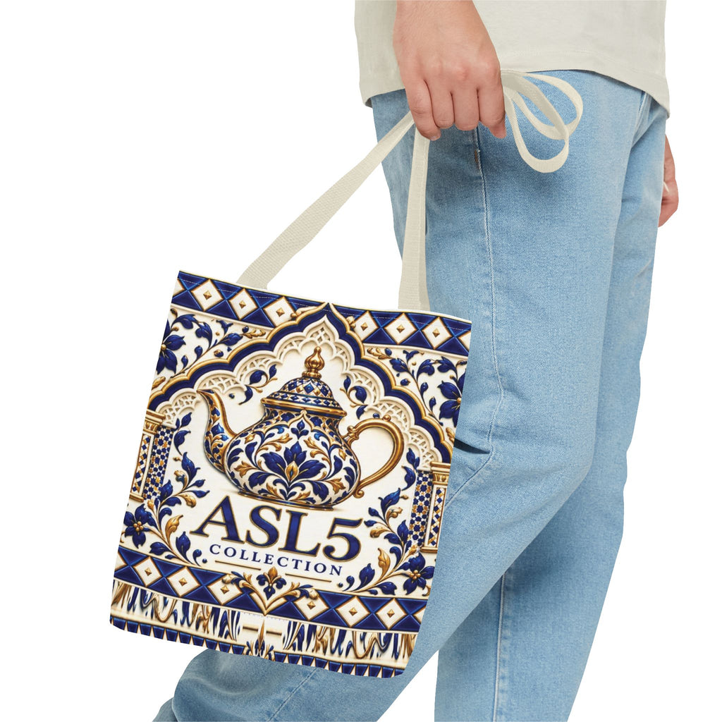 Moroccan Blue Teapot Pattern Tote Bag — Ceramic Tile Inspired Aesthetic Tote