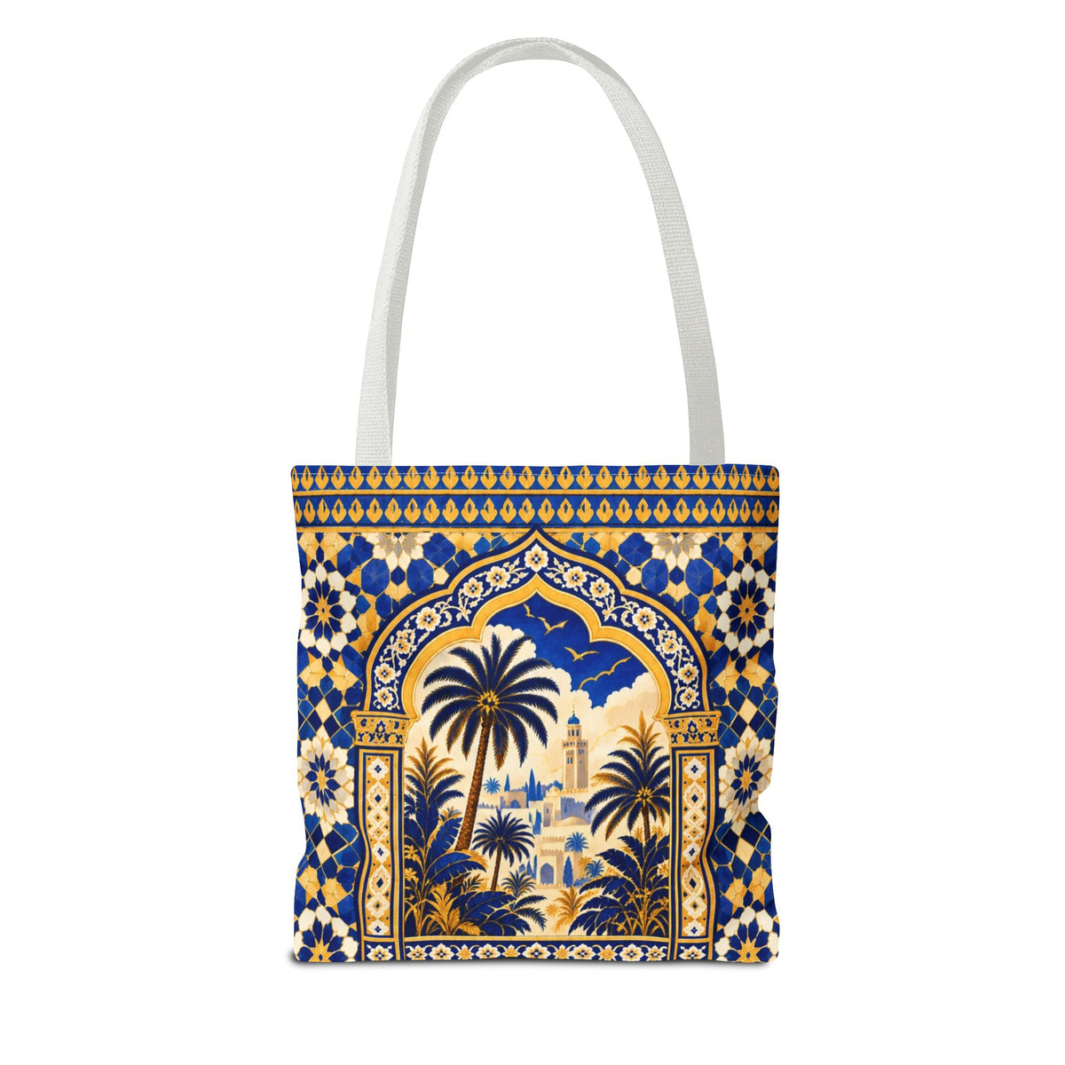 Moroccan Mosaic Tote Bag — Blue Palm Arch Pattern AOP