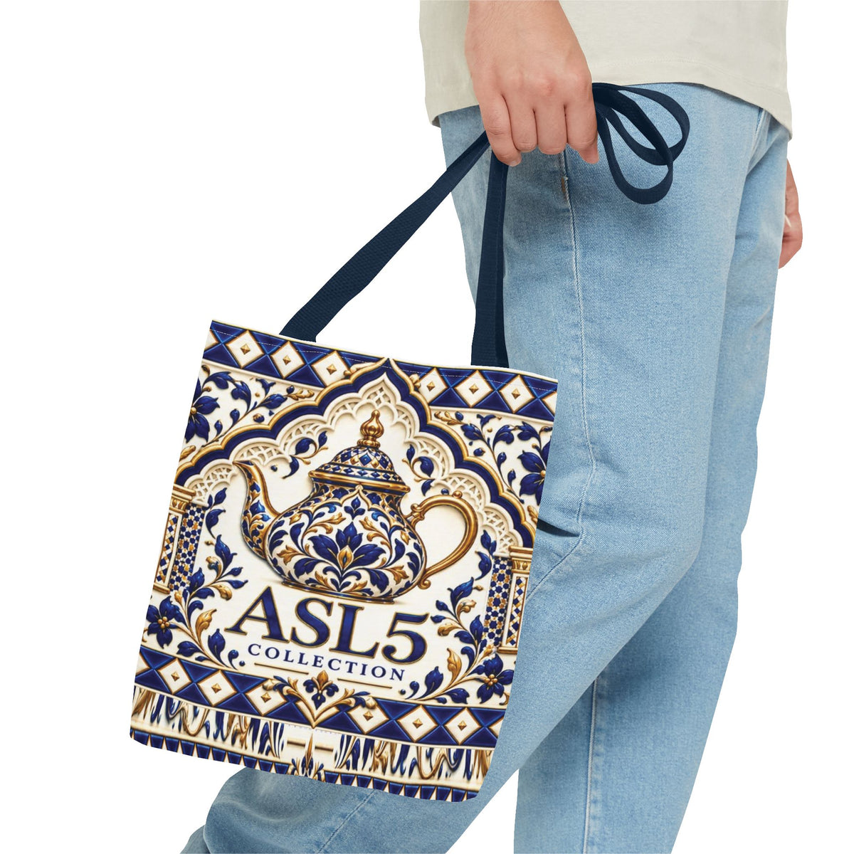 Moroccan Blue Teapot Pattern Tote Bag — Ceramic Tile Inspired Aesthetic Tote
