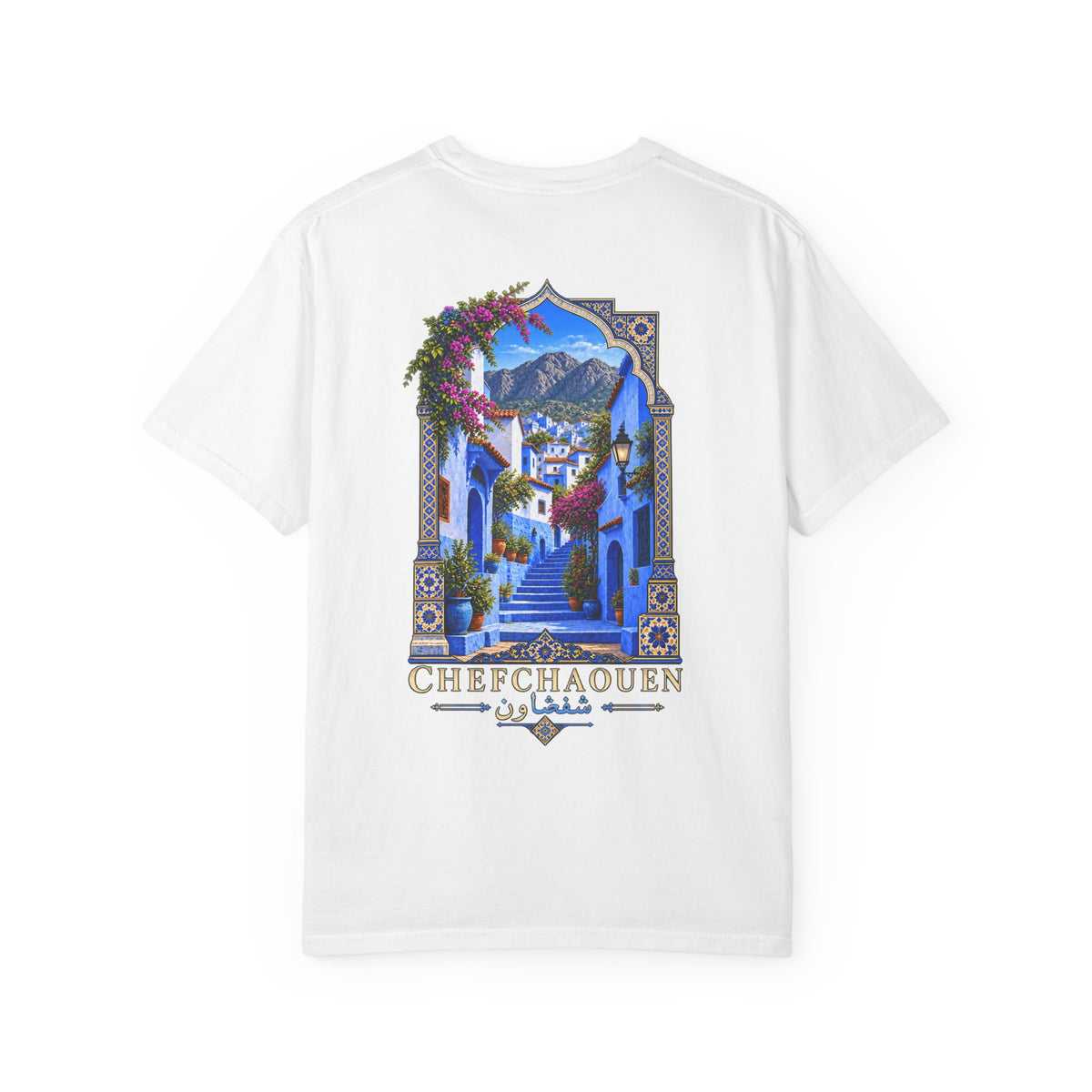 Chefchaouen Blue City T-Shirt — Moroccan Street Scene Graphic Tee
