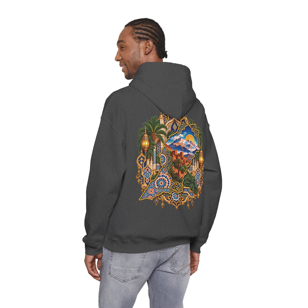 Moroccan Oasis Hoodie — Desert Sunset Tapestry Backprint