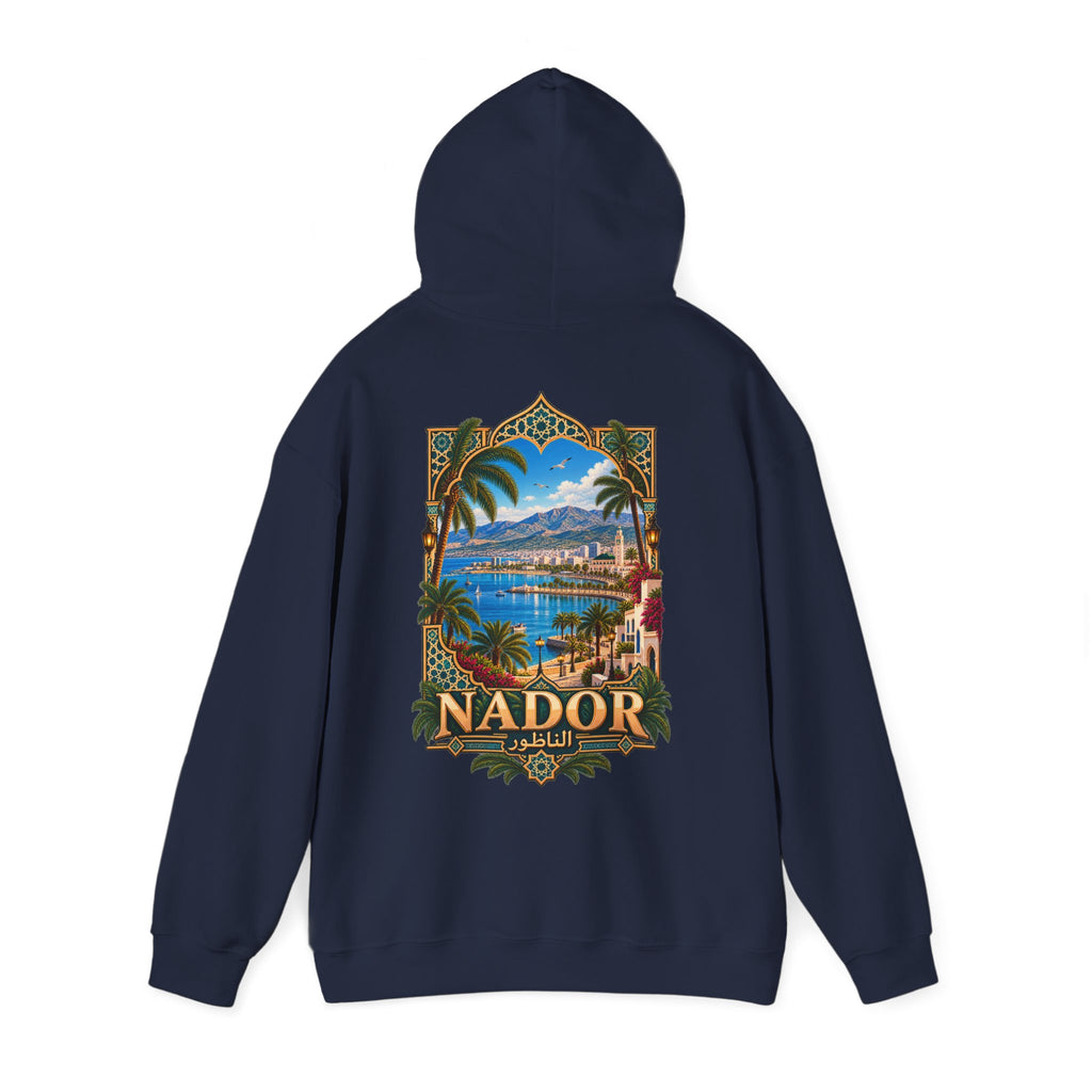 Nador Vintage Travel Hoodie — Scenic Moroccan Beach Poster Sweatshirt