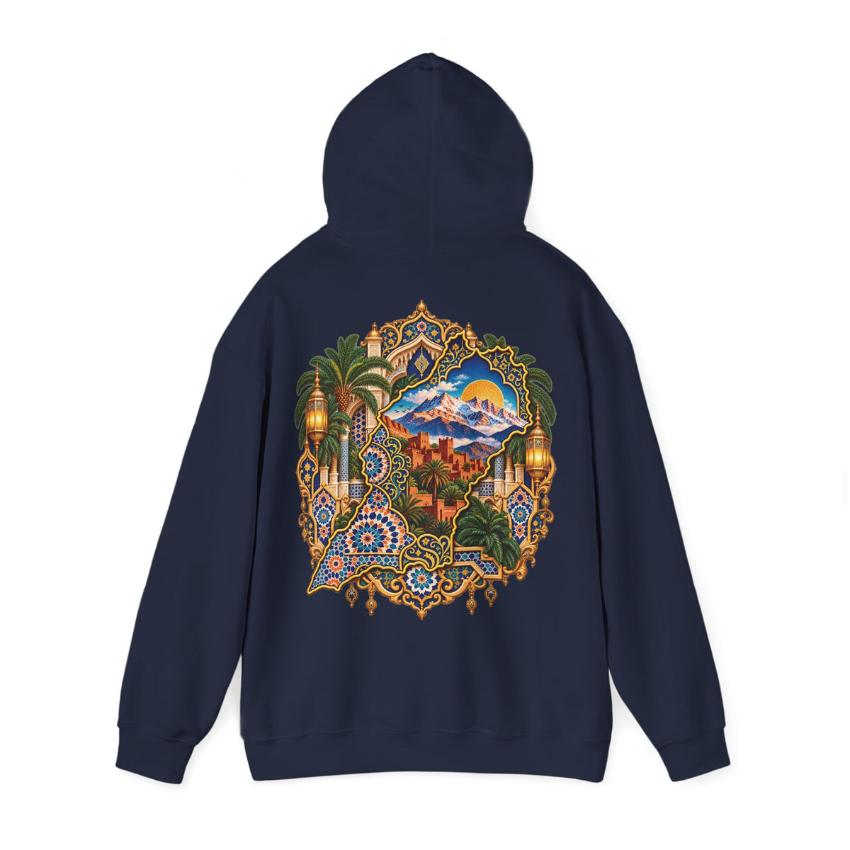 Moroccan Oasis Hoodie — Desert Sunset Tapestry Backprint