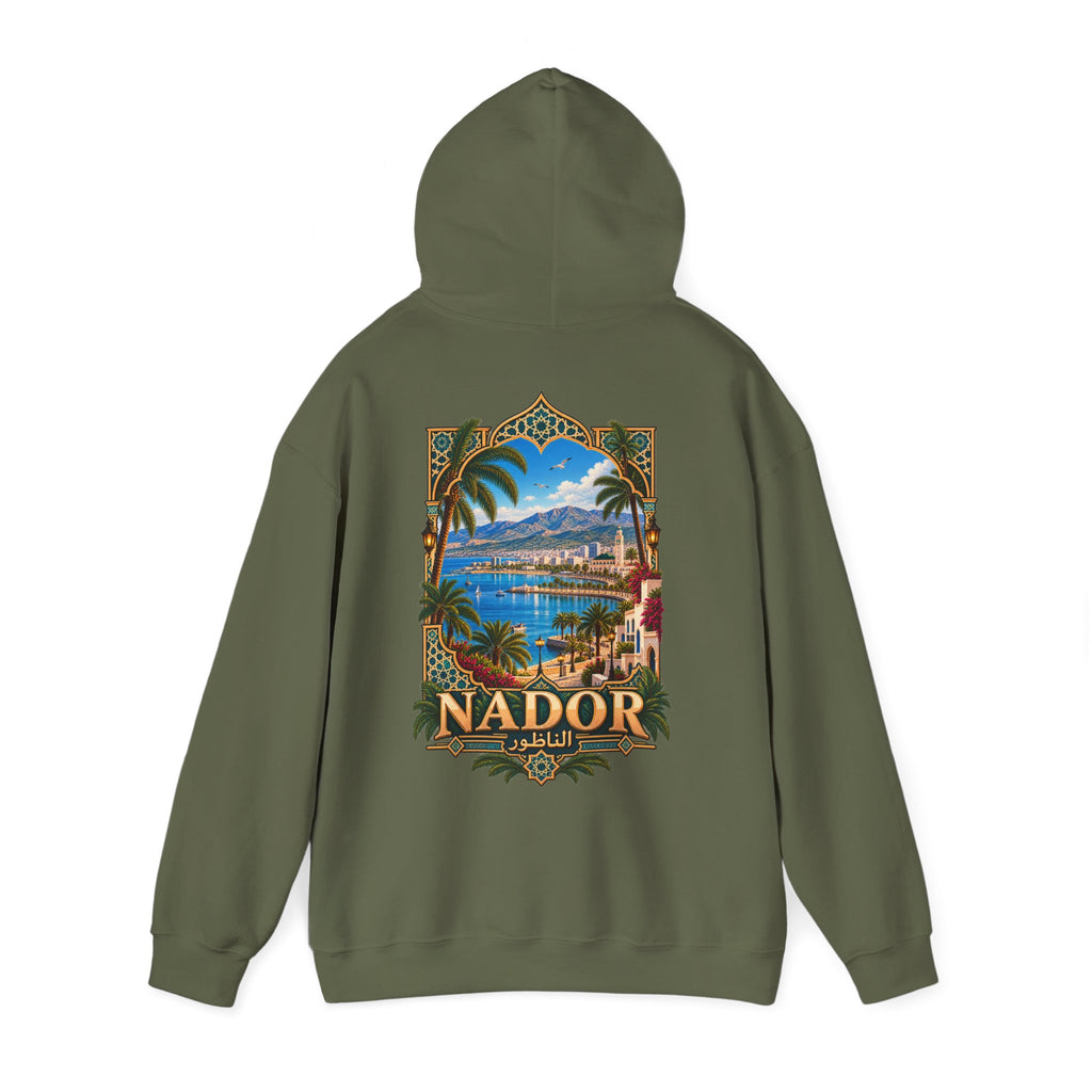 Nador Vintage Travel Hoodie — Scenic Moroccan Beach Poster Sweatshirt