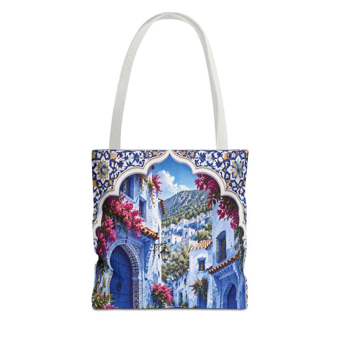 Mediterranean Blue Mosaic Tote Bag — Scenic Coastal Village Print