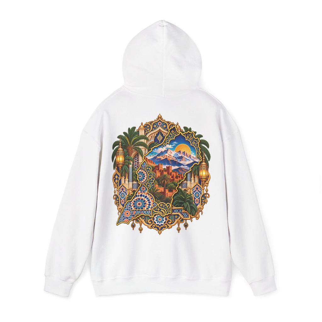 Moroccan Oasis Hoodie — Desert Sunset Tapestry Backprint