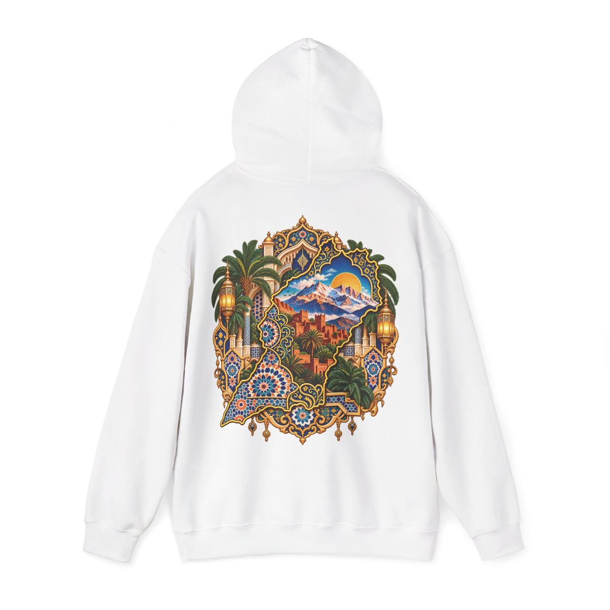 Moroccan Oasis Hoodie — Desert Sunset Tapestry Backprint