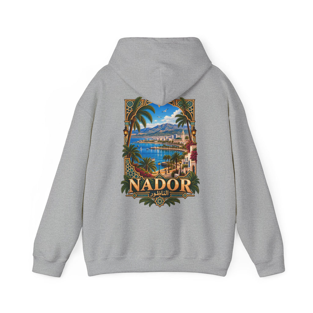 Nador Vintage Travel Hoodie — Scenic Moroccan Beach Poster Sweatshirt