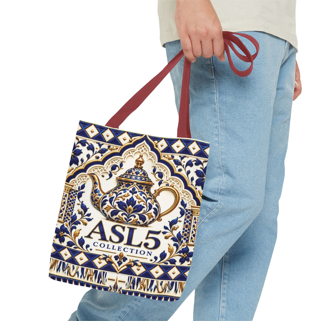 Moroccan Blue Teapot Pattern Tote Bag — Ceramic Tile Inspired Aesthetic Tote