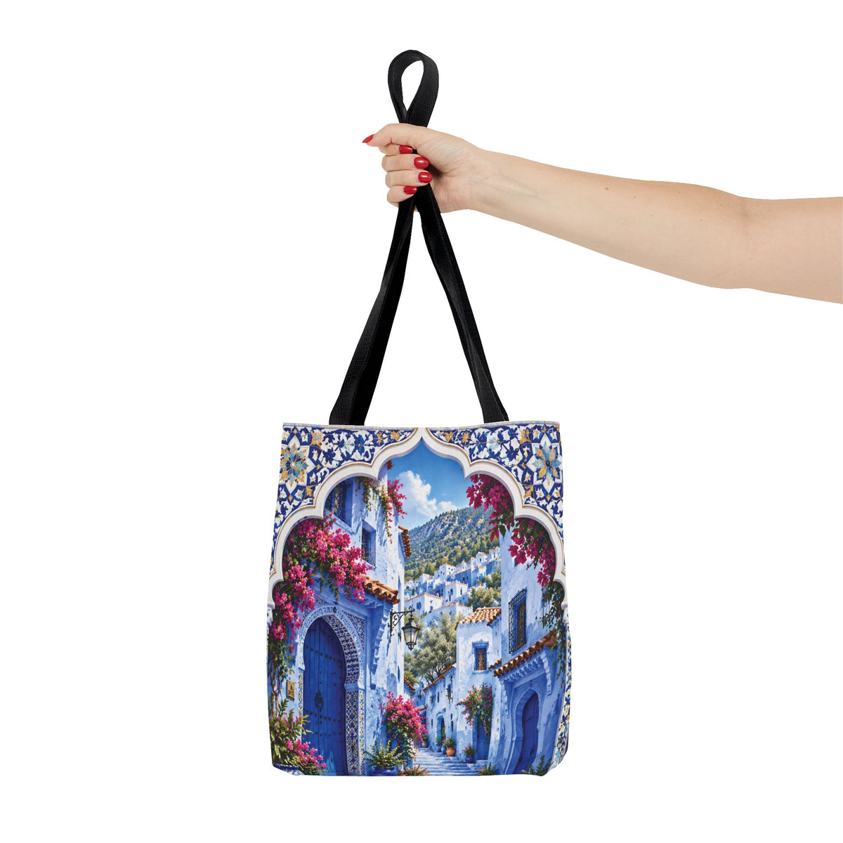 Mediterranean Blue Mosaic Tote Bag — Scenic Coastal Village Print