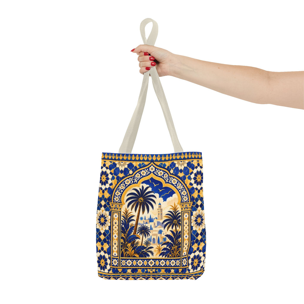 Moroccan Mosaic Tote Bag — Blue Palm Arch Pattern AOP