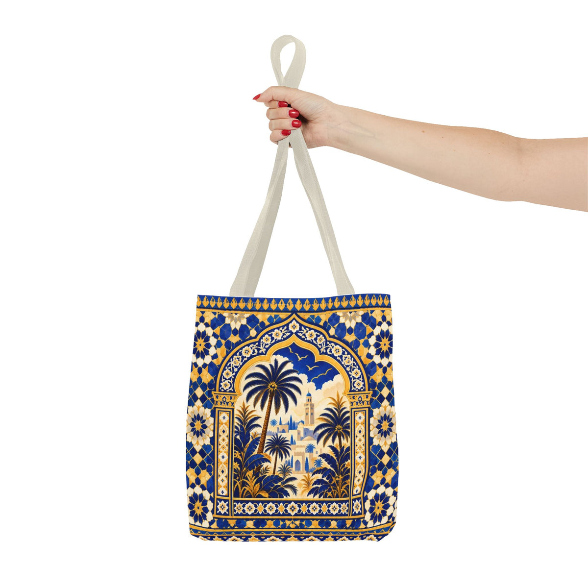 Moroccan Mosaic Tote Bag — Blue Palm Arch Pattern AOP