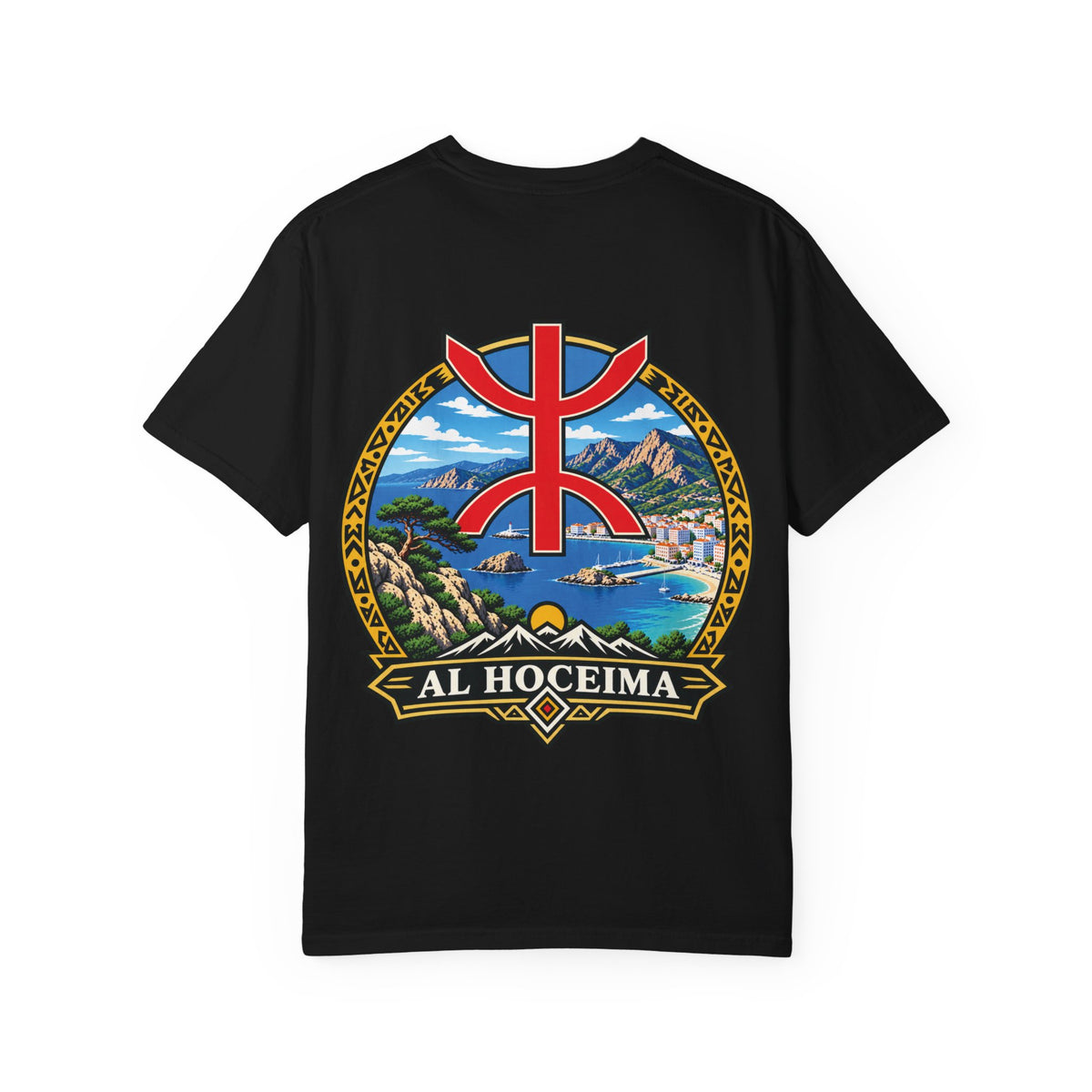 Al Hoceima Scenic T-Shirt — Amazigh Symbol & Coastal Landscape