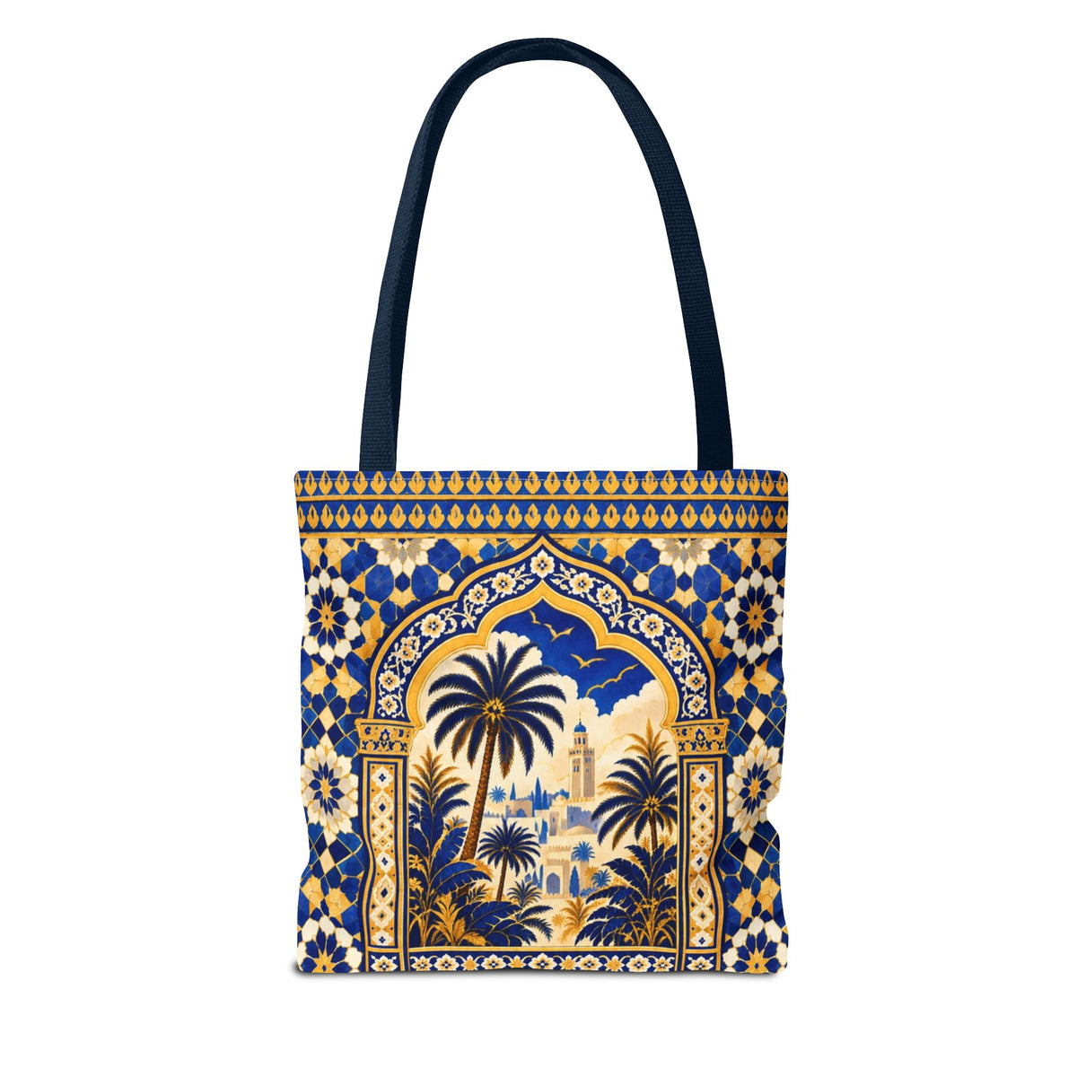 Moroccan Mosaic Tote Bag — Blue Palm Arch Pattern AOP