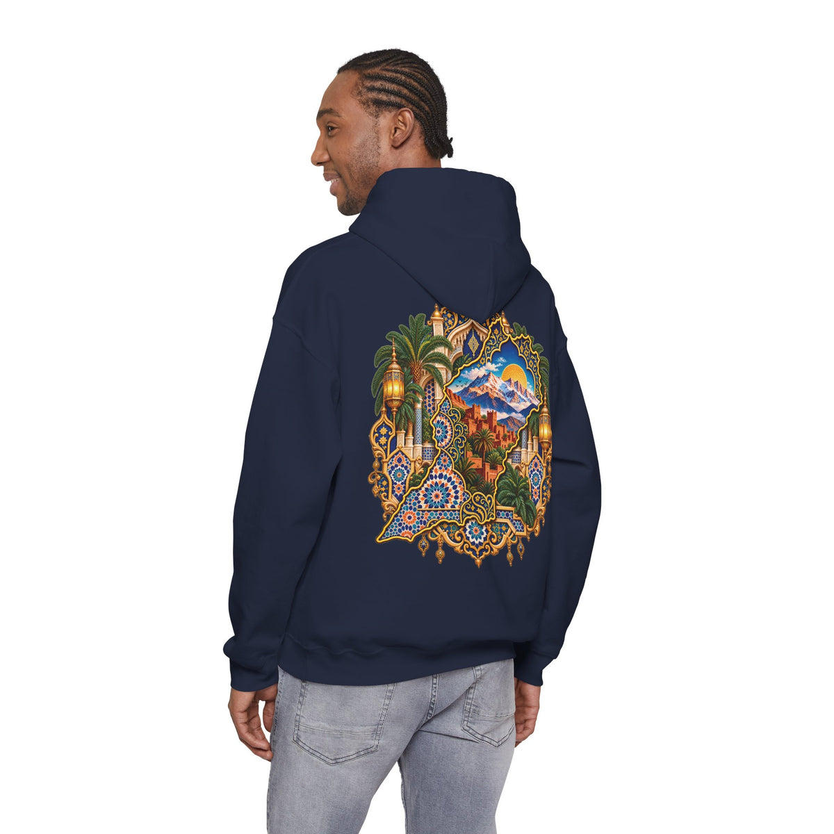 Moroccan Oasis Hoodie — Desert Sunset Tapestry Backprint