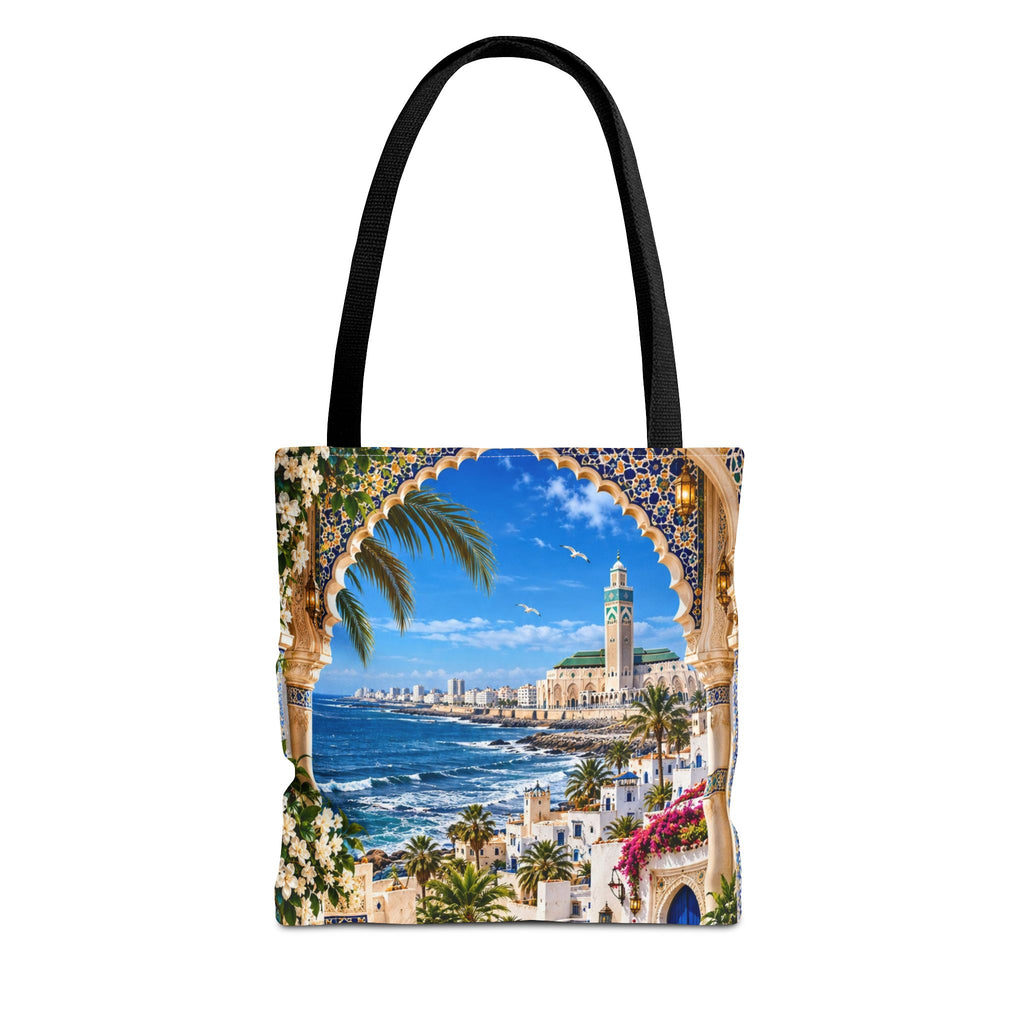 Mediterranean Mosaic Tote Bag — Seaside Moroccan Arch Scenic All-Over Print