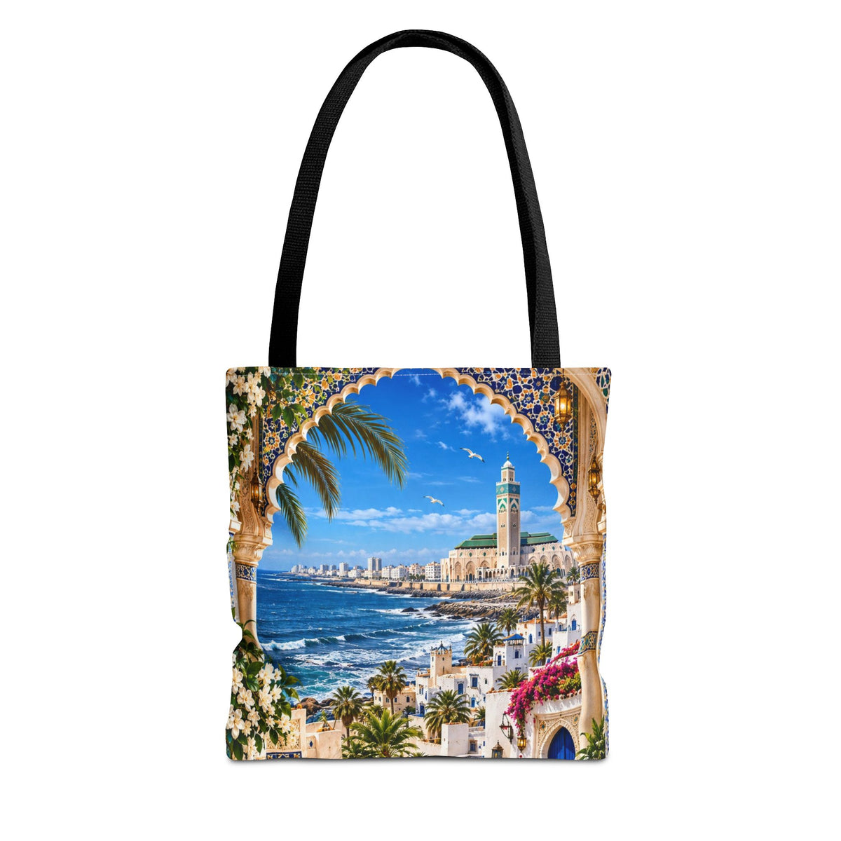Mediterranean Mosaic Tote Bag — Seaside Moroccan Arch Scenic All-Over Print