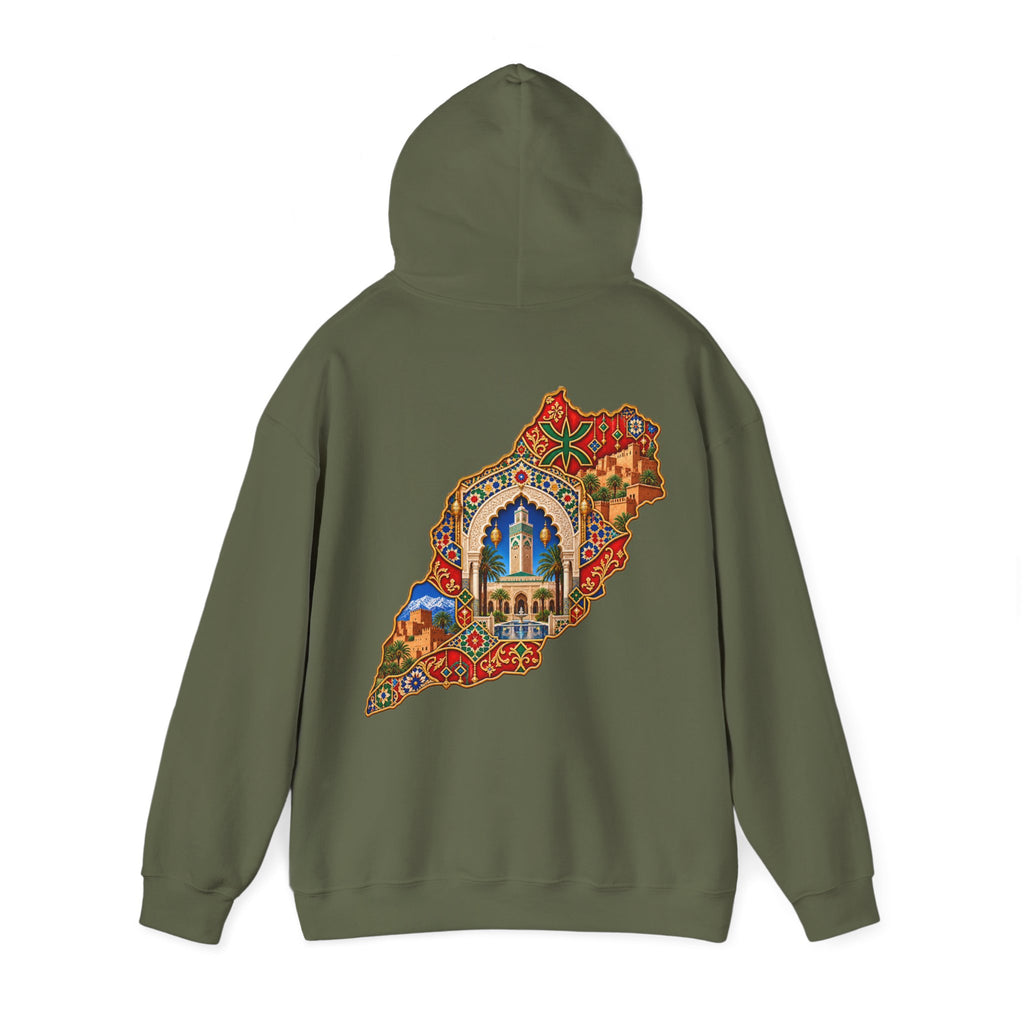 Morocco Map Art Hoodie — Colorful Moroccan Tile & Cityscape Back Print