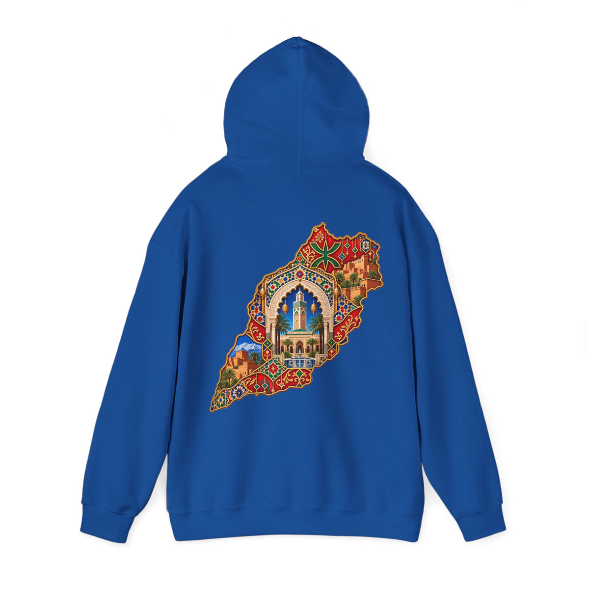 Morocco Map Art Hoodie — Colorful Moroccan Tile & Cityscape Back Print