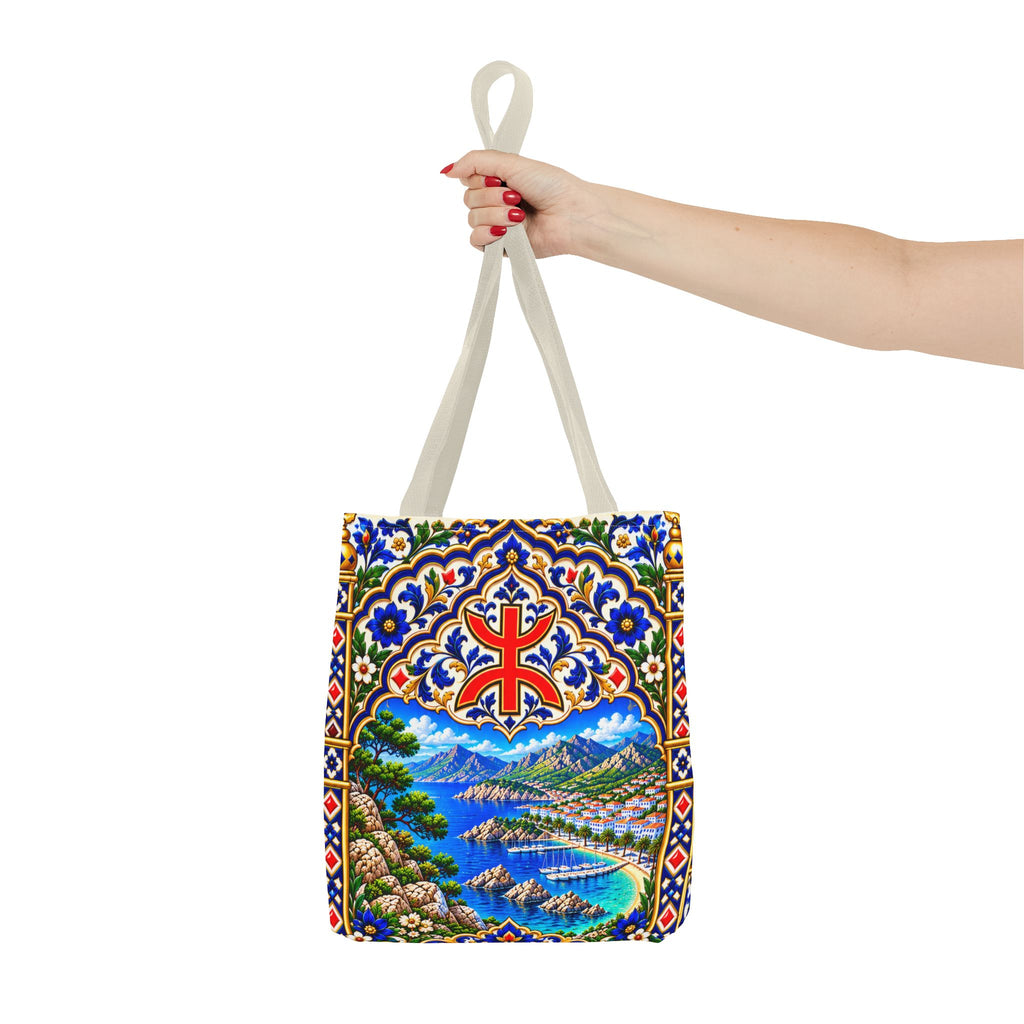 Scenic Armenian Khachkar Tote Bag — Ornate Cross & Mountain Landscape AOP