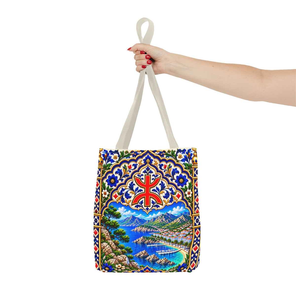 Scenic Armenian Khachkar Tote Bag — Ornate Cross & Mountain Landscape AOP