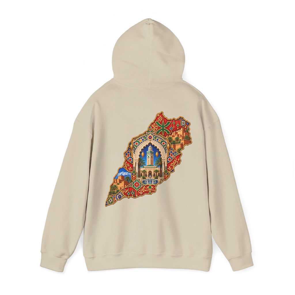 Morocco Map Art Hoodie — Colorful Moroccan Tile & Cityscape Back Print