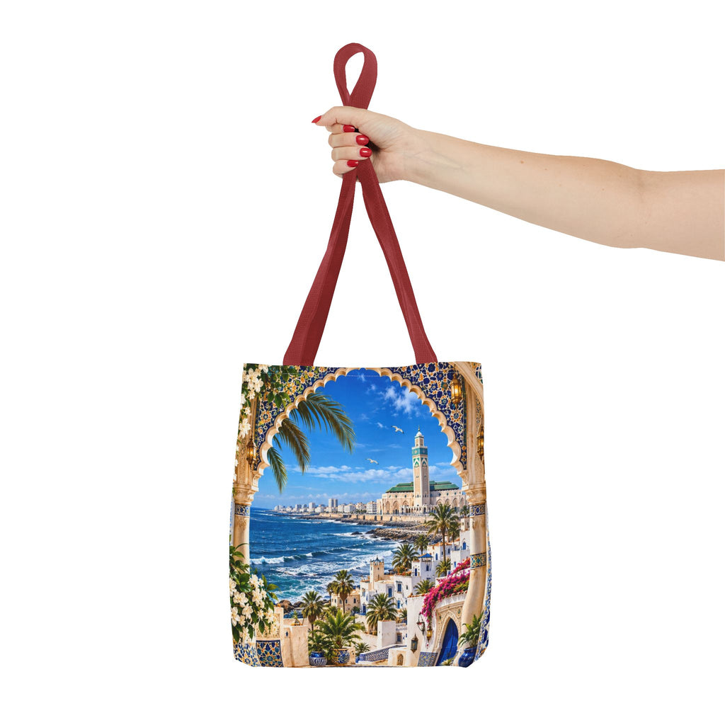 Mediterranean Mosaic Tote Bag — Seaside Moroccan Arch Scenic All-Over Print