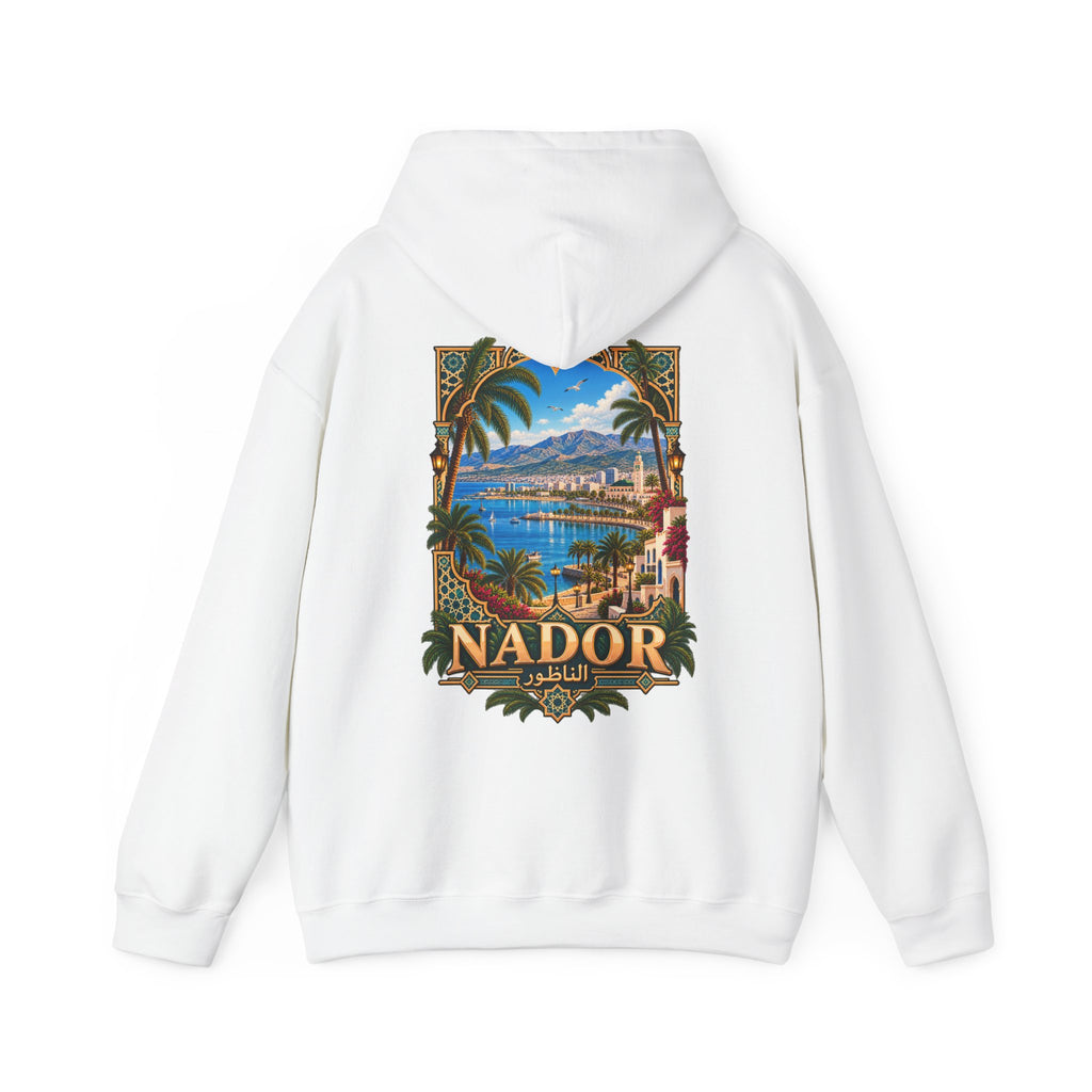 Nador Vintage Travel Hoodie — Scenic Moroccan Beach Poster Sweatshirt