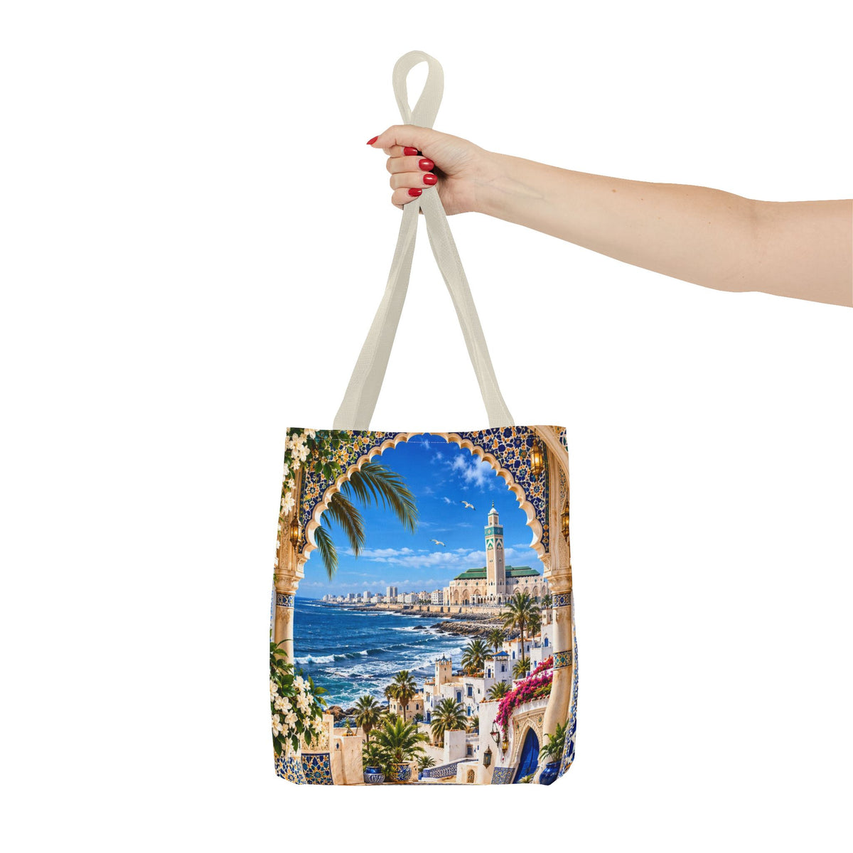 Mediterranean Mosaic Tote Bag — Seaside Moroccan Arch Scenic All-Over Print
