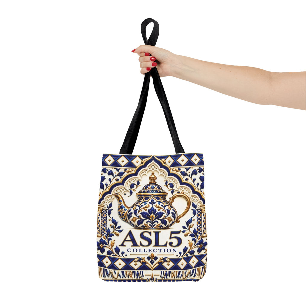 Moroccan Blue Teapot Pattern Tote Bag — Ceramic Tile Inspired Aesthetic Tote