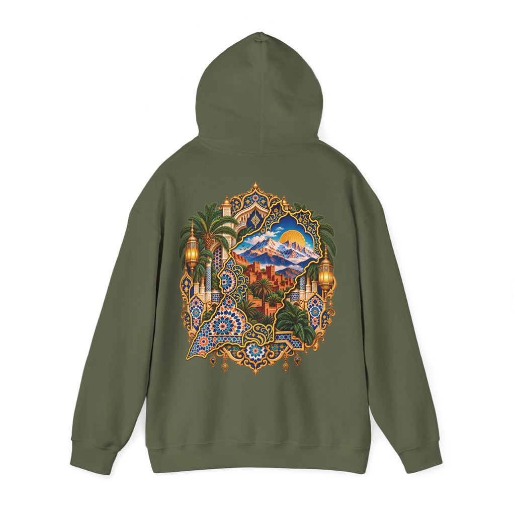 Moroccan Oasis Hoodie — Desert Sunset Tapestry Backprint