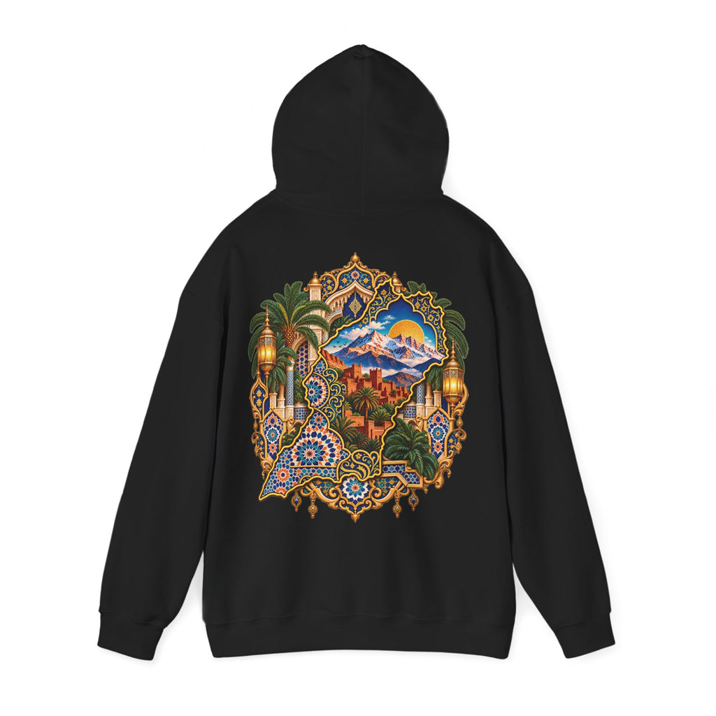 Moroccan Oasis Hoodie — Desert Sunset Tapestry Backprint
