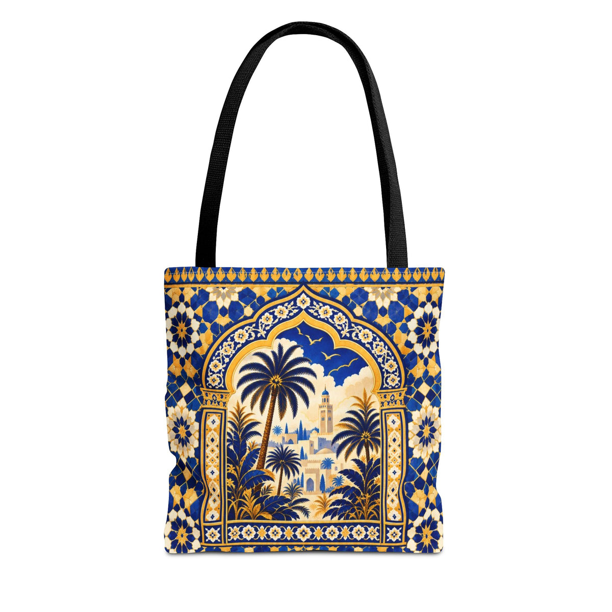 Moroccan Mosaic Tote Bag — Blue Palm Arch Pattern AOP