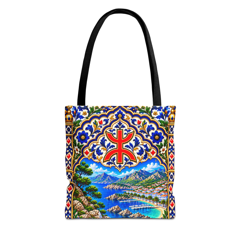 Scenic Armenian Khachkar Tote Bag — Ornate Cross & Mountain Landscape AOP