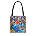 Scenic Armenian Khachkar Tote Bag — Ornate Cross & Mountain Landscape AOP