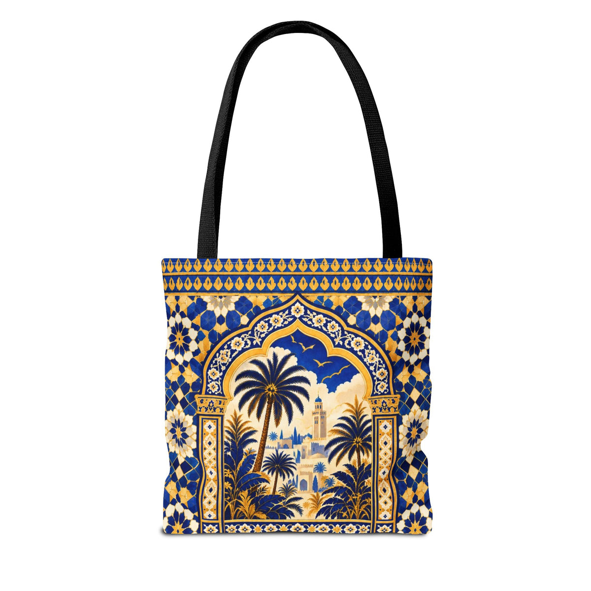 Moroccan Mosaic Tote Bag — Blue Palm Arch Pattern AOP
